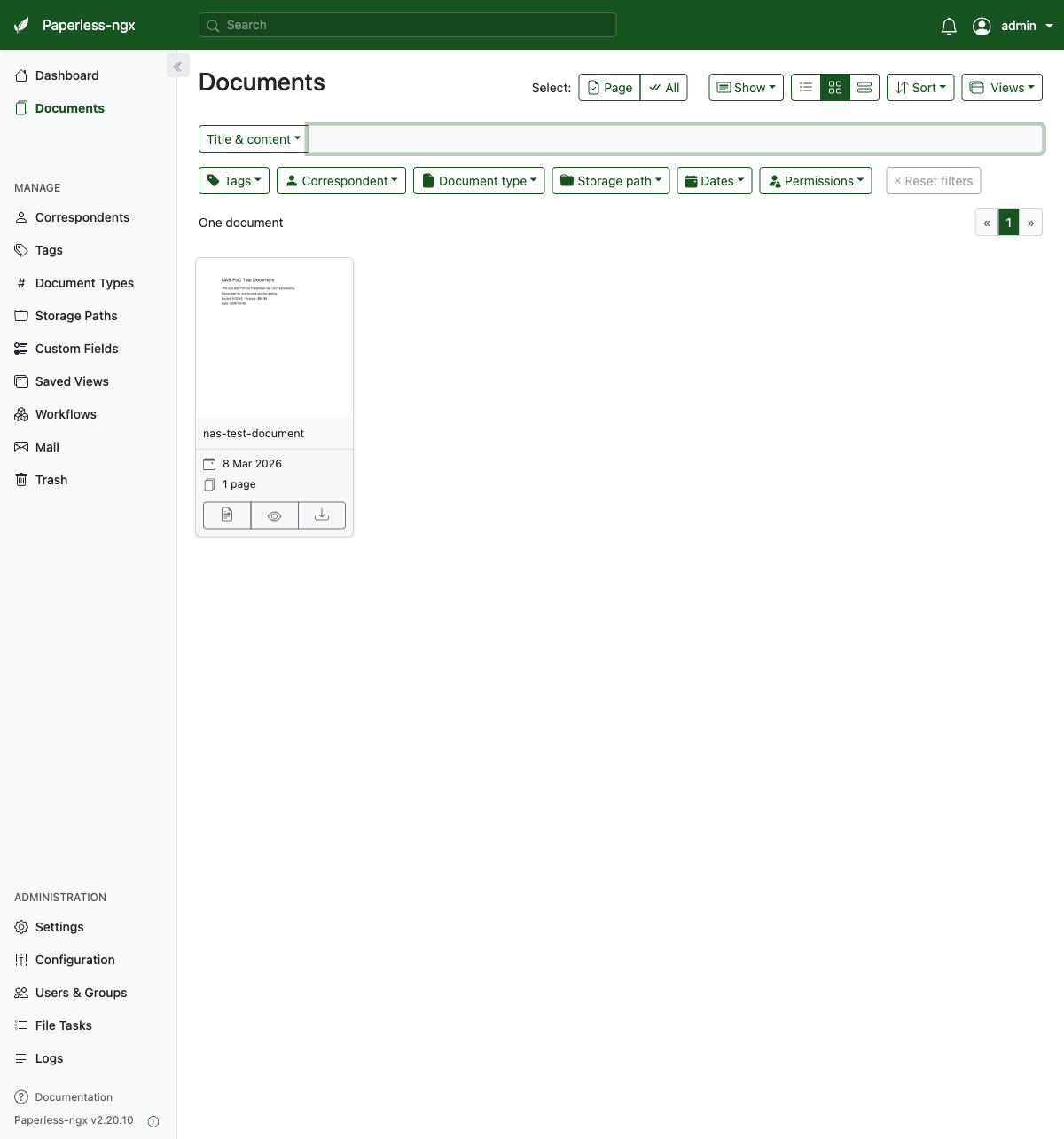 Paperless-ngx webinterface met automatisch herkende documenten, OCR-tekst en tags voor snel terugvinden